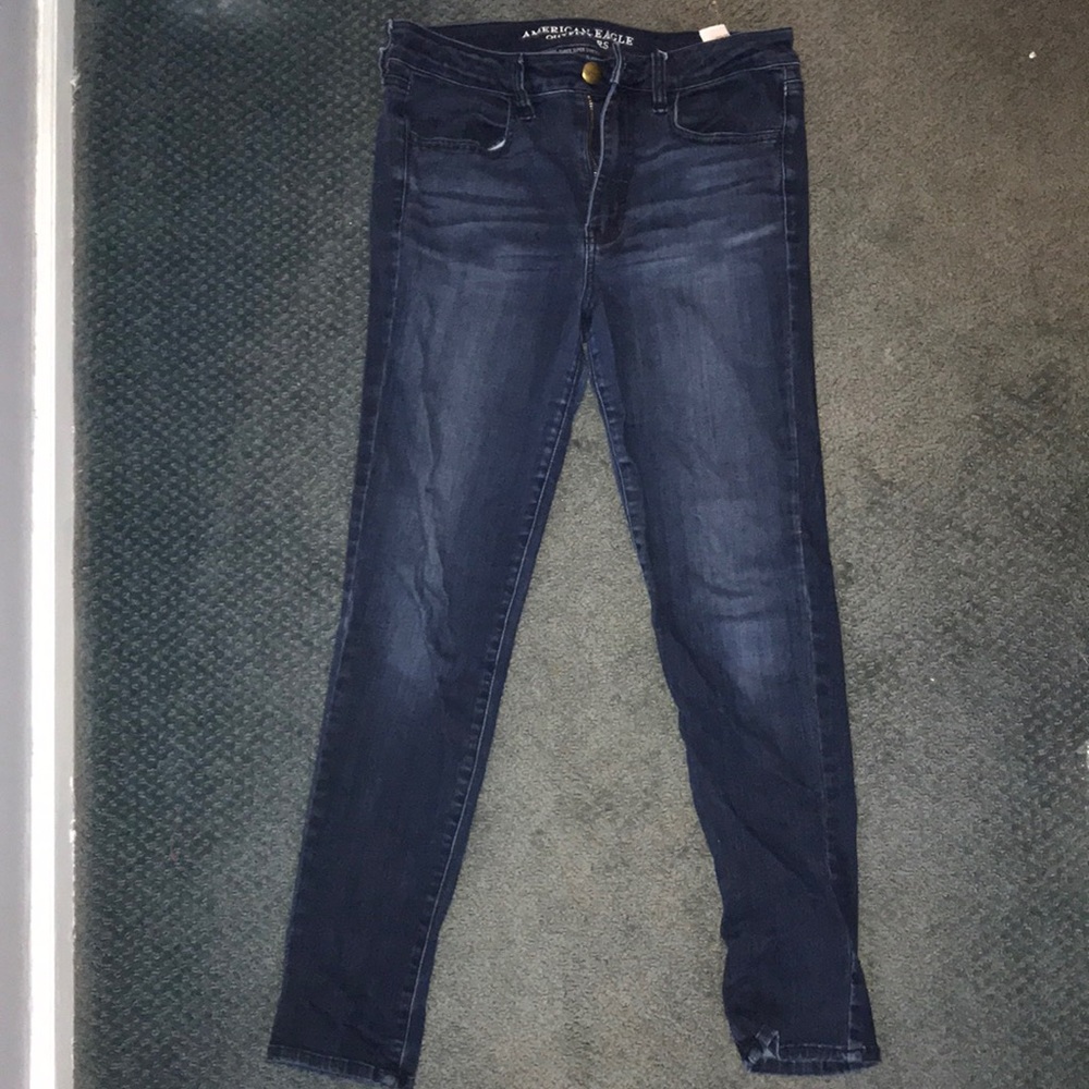 Dark wash jeggings.
